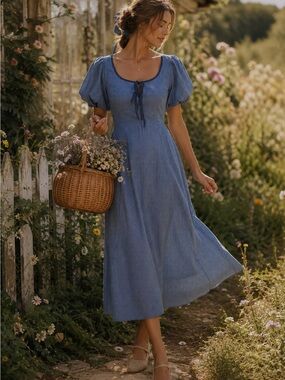 Böhme Blue Gingham Puff Sleeve Midi Dress NWT Cottagecore Tie Front Size M